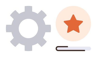 Gear symbol beside a star icon over a circle, paired with a loading bar. Ideal for teamwork, achievement, progress, development, success, productivity motivation. Simple flat metaphor