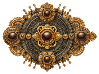 Intricate Steampunk Ornament with Gold Gears and Brown Spheres