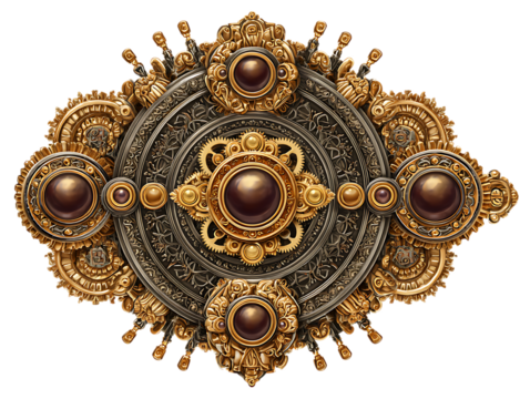 Intricate Steampunk Ornament with Gold Gears and Brown Spheres