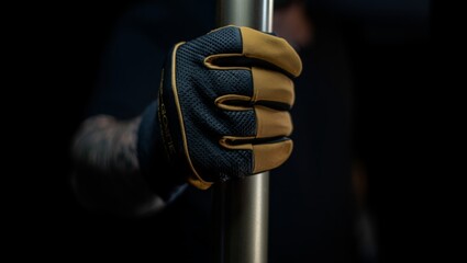 Industrial strength glove holding metal pipe against dark backdrop
