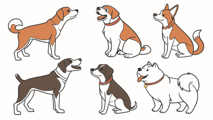 Cartoon Illustration of Six Stylized Dogs with Various Breeds and Poses.