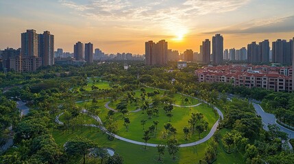 Urban park at sunset. Lush greenery, winding paths, and modern high-rises