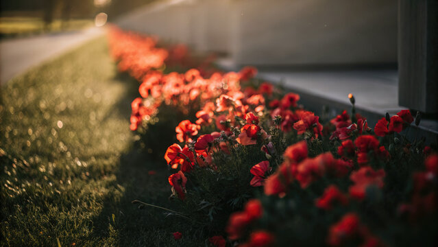 Red poppies displayed for remembrance day concept. Vibrant red flowers blooming along a sunny pathway in spring.