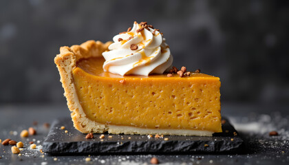 Pumpkin pie slice with whipped cream and caramel drizzle on slate  