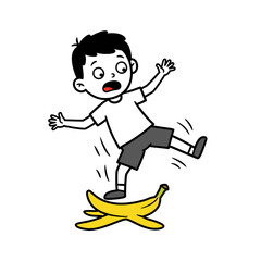 Cartoon boy slipping on a bright yellow banana peel midfall with wide eyes and open mouth.