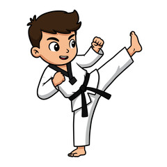 Cartoon boy with a black belt in a white dobok performing a dynamic taekwondo high kick.