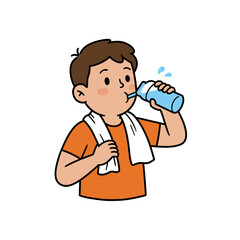 Cartoon boy with a towel around his neck drinking water from a blue bottle after a workout.