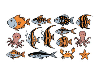 Colorful Aquatic Collection: A vibrant array of illustrated sea creatures, each with its own unique character and charm, swims together in a whimsical underwater scene.