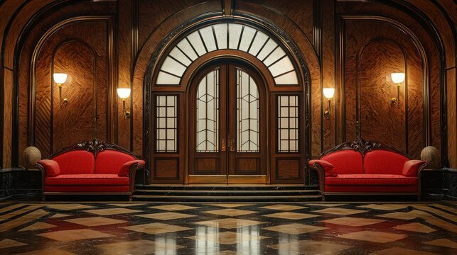 Grand entryway with red armchairs and wooden archway