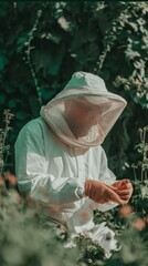 Beekeeper in protective suit working in nature during daylight
