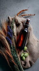 Rustic brewery concept with beer bottle on burlap sack and hops