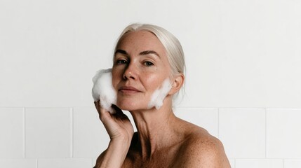 Mature caucasian woman skincare routine with foam cleansing