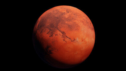 Mars planet view from space, high detailed surface features, martian red globe scientific background.