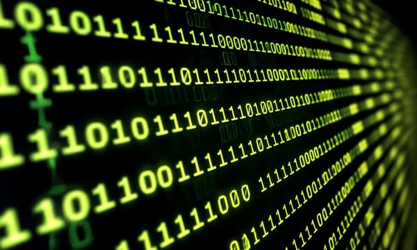 Green binary code flowing on a black background