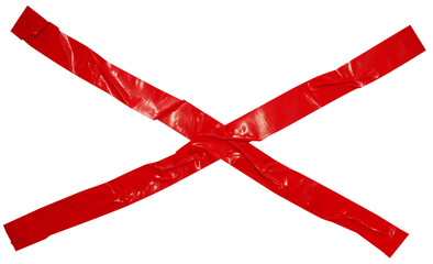 Torn crumpled cross adhesive red tape on transparent background. x sign. 2 piece of cross plastic, glossy shine texture.