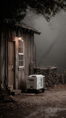 Quiet retreat with generator by rustic wooden cabin in misty forest setting