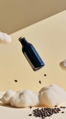 Dark beer bottle with blank matte label in creative flying cloud scene