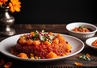 Gajar halwa serving in white plate. Closeup sweet dish appetizer