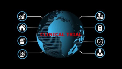 Global Clinical Trial Infographic Animated Earth with Icons Illustrating Research Development Investment Security and Success Healthcare Innovation Medical Breakthroughs Pharmaceutical Industry - Powered by Adobe