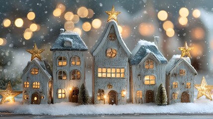 Fototapeta premium Festive miniature houses in a snowy village scene.