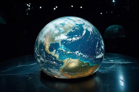 Laboratory simulating the effects of climate change on a miniature artificial Earth complete with weather patterns oceans and ecosystems visualized through a dome of glass