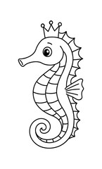 Fototapeta premium Cute seahorse with crown line art for kids coloring