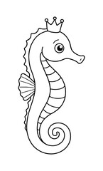 Fototapeta premium Cute seahorse with crown in black and white line art style