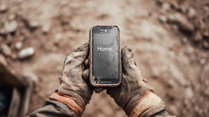 Close-up of gloved hands holding dusty phone in rugged outdoor setting
