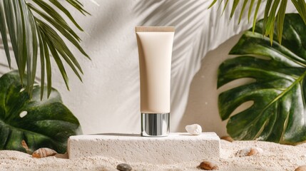Modern sunscreen tube on sand with tropical leaves for skincare design