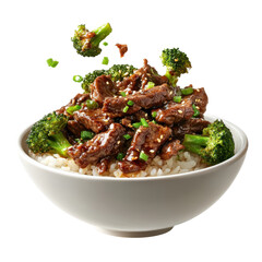 Delicious Beef and Broccoli Stir-Fry Over Rice in a White Bowl, Garnished with Green Onions and Sesame Seeds on transparent background