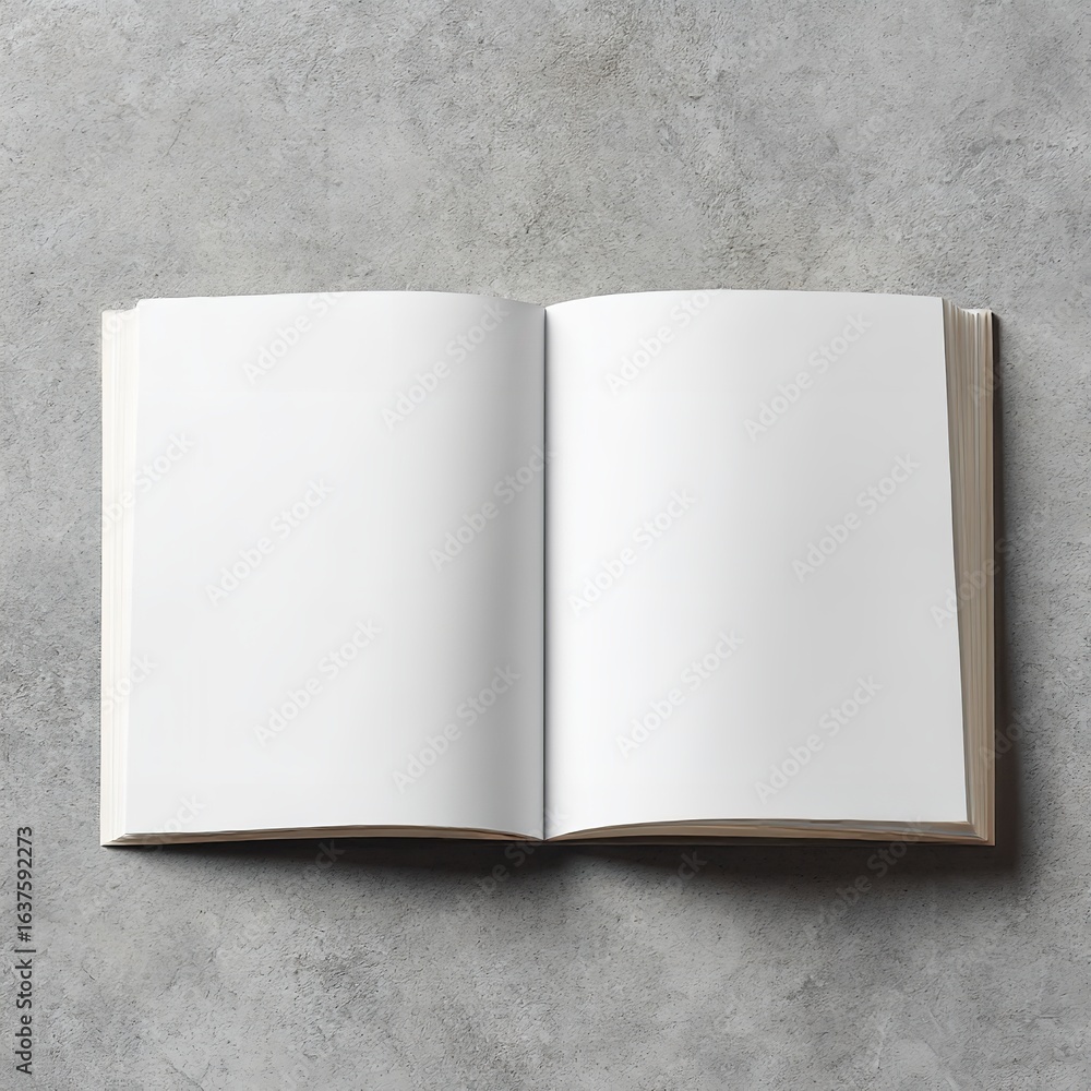 Poster an open book with blank white pages resting on a textured gray surface with natural light falling on