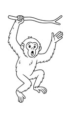 Obraz premium Playful monkey swinging on branch in black and white outline design for coloring book