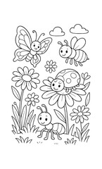 Charming insects and flowers coloring page for kids with smiling butterfly and ladybug