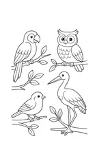 Bird line art: parrot, owl, sparrow, and heron on branches for coloring