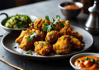 A gourmet dinner plate with fried bhajji and red chutney, a delicious and healthy meal