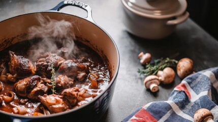French coq au vin dish with mushrooms and herbs in rustic kitchen setting
