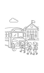 Obraz premium Kids walking to school bus in black and white line art with school building