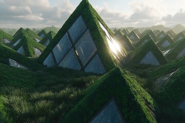 Verdant pyramids, glass-paneled structures, sunlit landscape