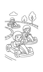 Fun kids racing with go karts in a coloring book style on a curvy track