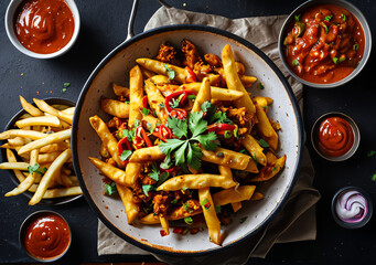 A delicious bowl of savory loaded french fries topped with hearty meat chili, fresh parsley, and peppers, served with various dipping sauces