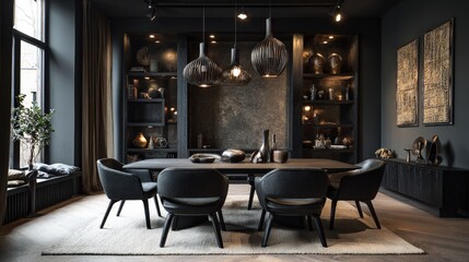 Dark-toned modern dining room with black accents, moody lighting, and contemporary furniture for a sophisticated look