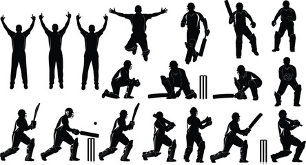 Cricket player silhouette, batting pose, bowling action, fielding movement, wicket keeper stance, sports vector, athletic figure, team sport illustration