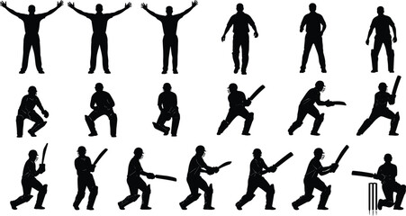 Cricket silhouette set, umpire signal pose, wicketkeeper crouch, batsman stance, stumps illustration, sports action, team game vector, athletic movement
