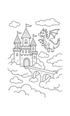 Fototapeta premium Whimsical castle and dragon line art coloring page for kids