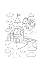 Whimsical castle and dragon coloring page for kids