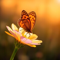 Obraz premium Graceful Orange Butterfly on a Daisy at Sunset