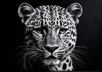 Naklejka premium An intense artistic portrait of a majestic leopard in black and white. Detailed illustration of a big cat's face on a dark background.