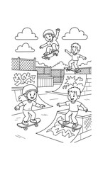 Kids at the skatepark coloring page for fun and creativity