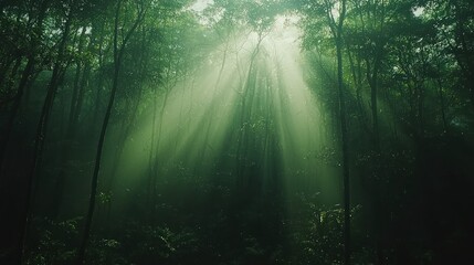 Obraz premium Sunlight piercing a misty jungle