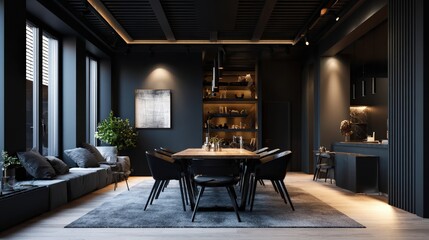 Dark-toned modern dining room with black accents, moody lighting, and contemporary furniture for a sophisticated look